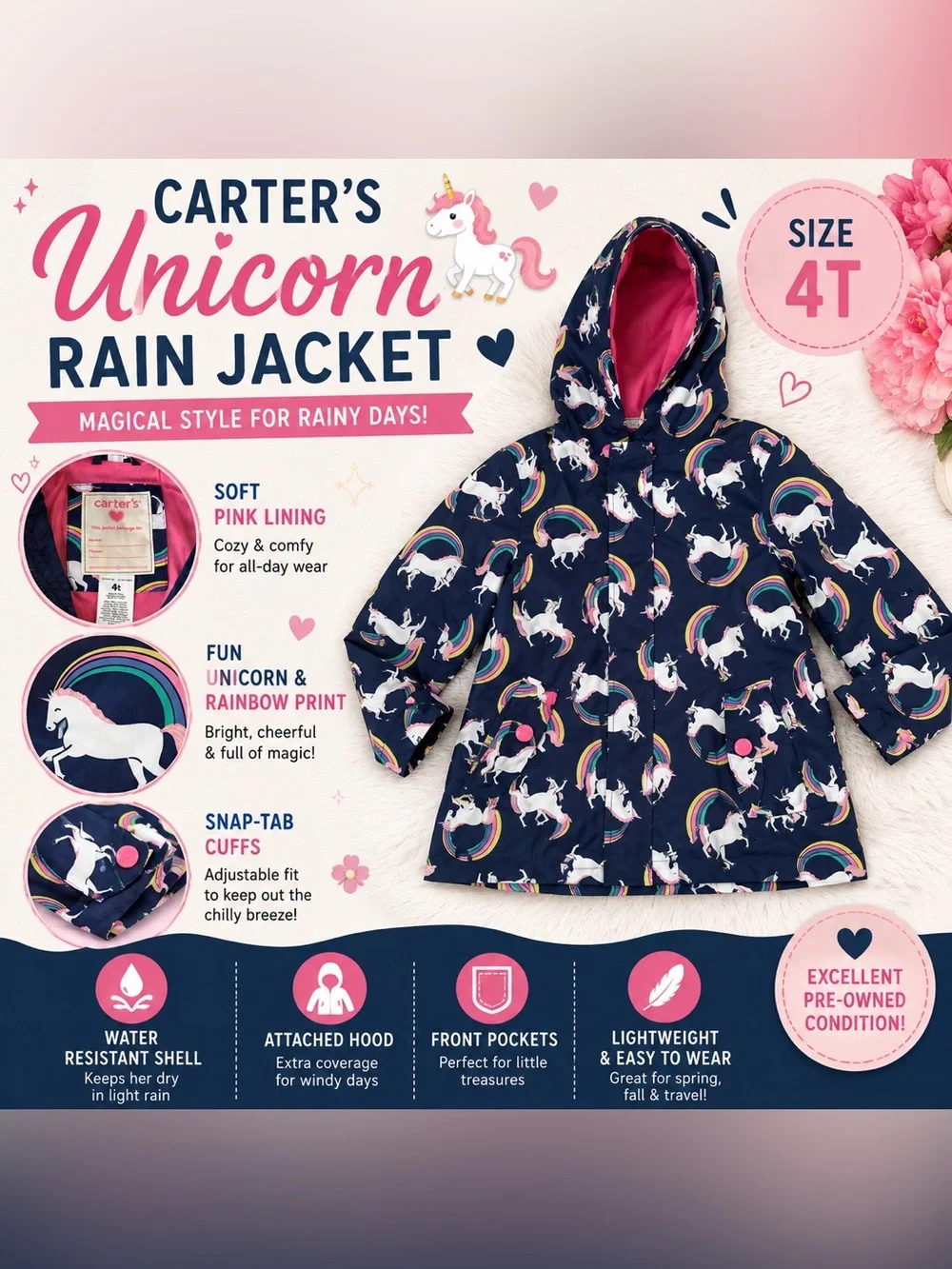 Carter's Navy Unicorn Raincoat with Pink Hood Lining